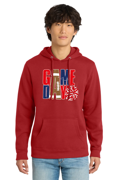 Person wearing a red hoodie with 'GAMEDAY' design on a white background. Paper Street Print Co, Blairstown, NJ.