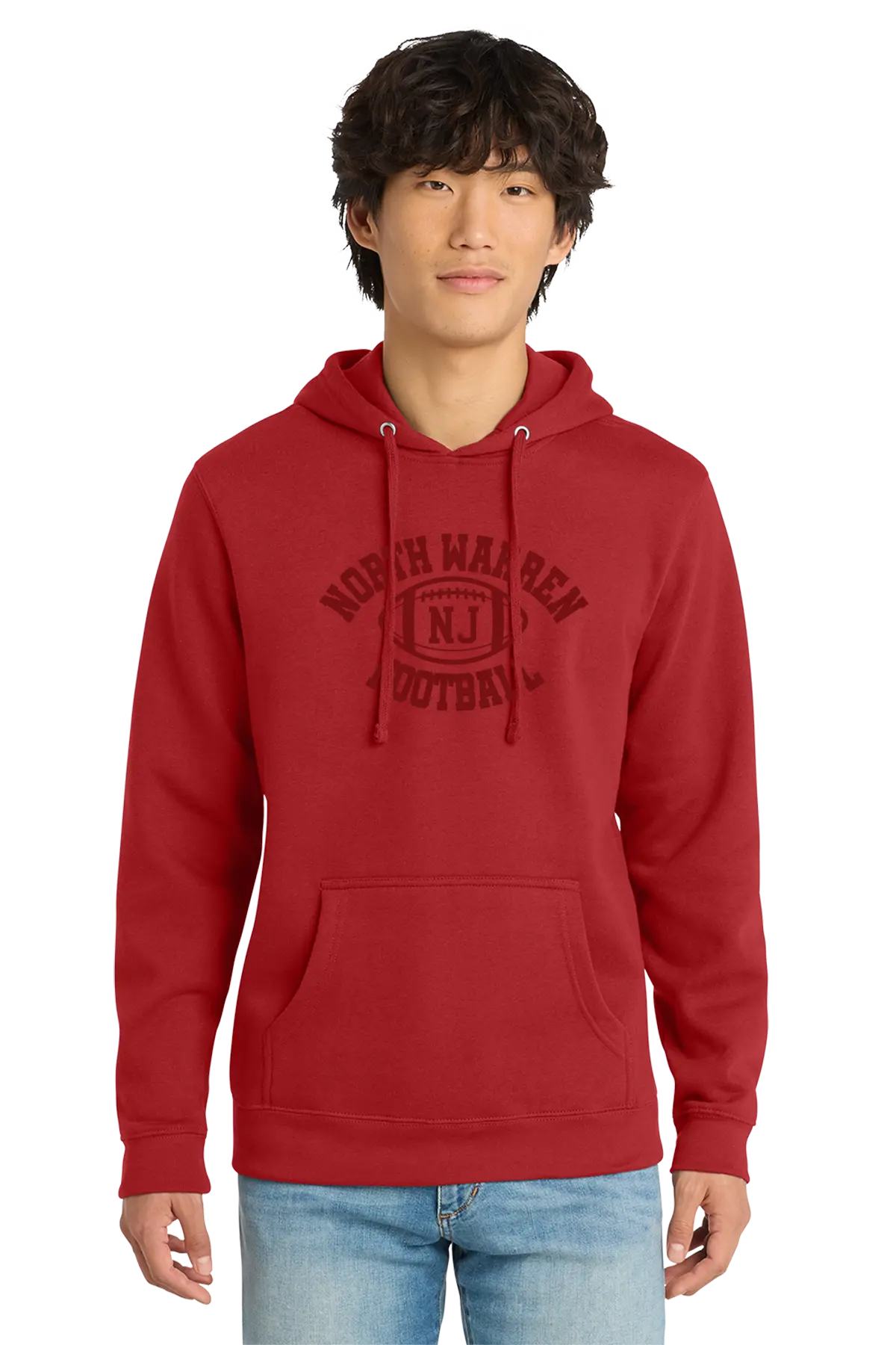 Person wearing a red hoodie with text on a white background. Paper Street Print Co, Blairstown, NJ.