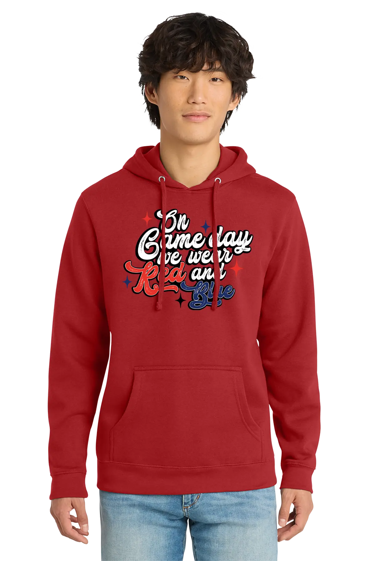 Person wearing a red hoodie with text design on a white background. Paper Street Print Co, Blairstown, NJ.