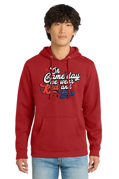 Person wearing a red hoodie with text design on a white background. Paper Street Print Co, Blairstown, NJ.