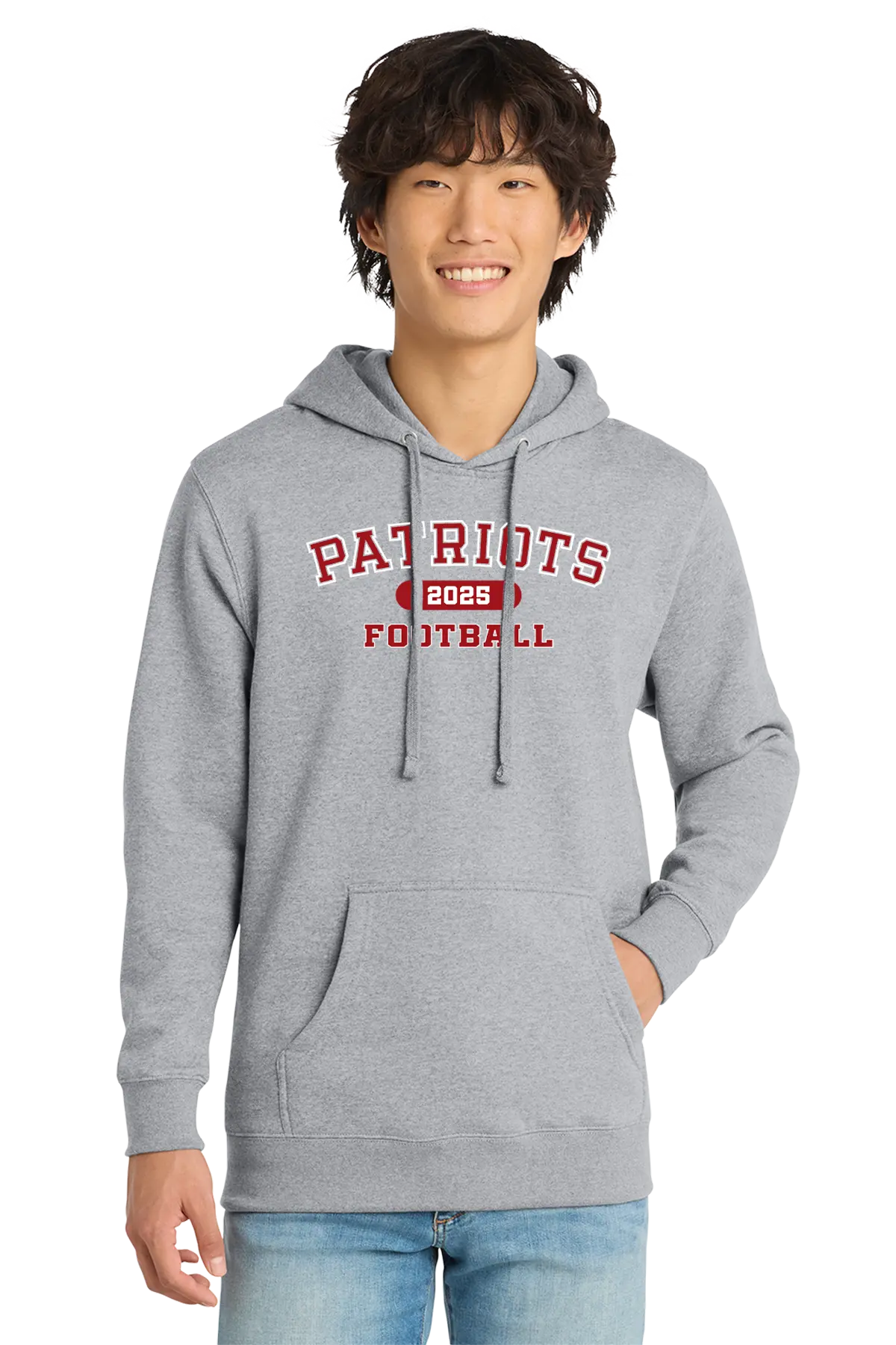 Person wearing a gray hoodie with 'Patriots Football' text on a white background. Paper Street Print Co, Blairstown, NJ.