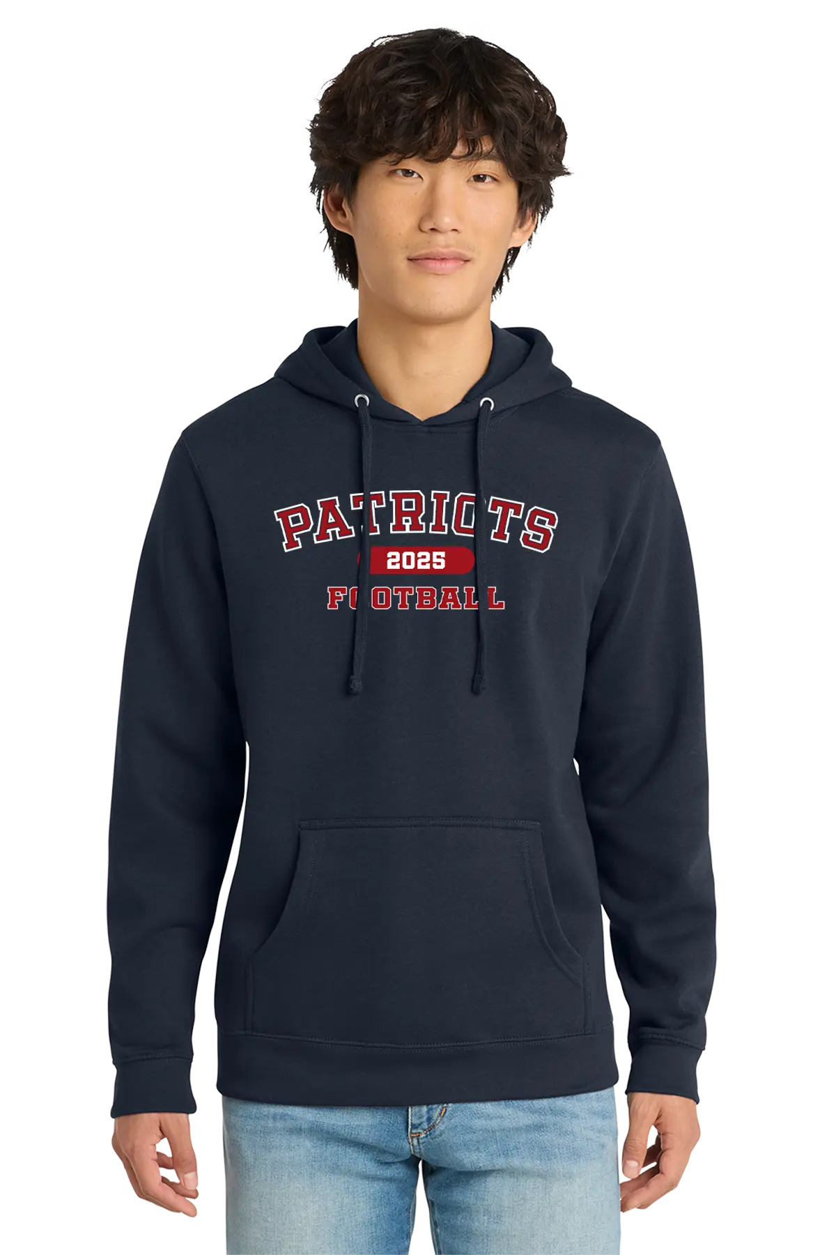 Person wearing a navy hoodie with 'Patriots 2023 Football' text on a white background. Paper Street Print Co, Blairstown, NJ.