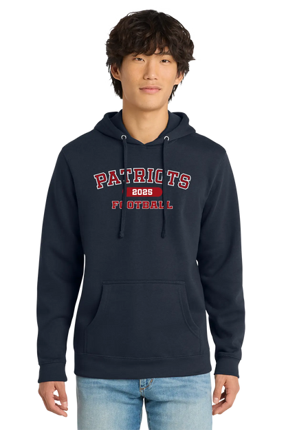 Person wearing a navy hoodie with 'Patriots 2023 Football' text on a white background. Paper Street Print Co, Blairstown, NJ.