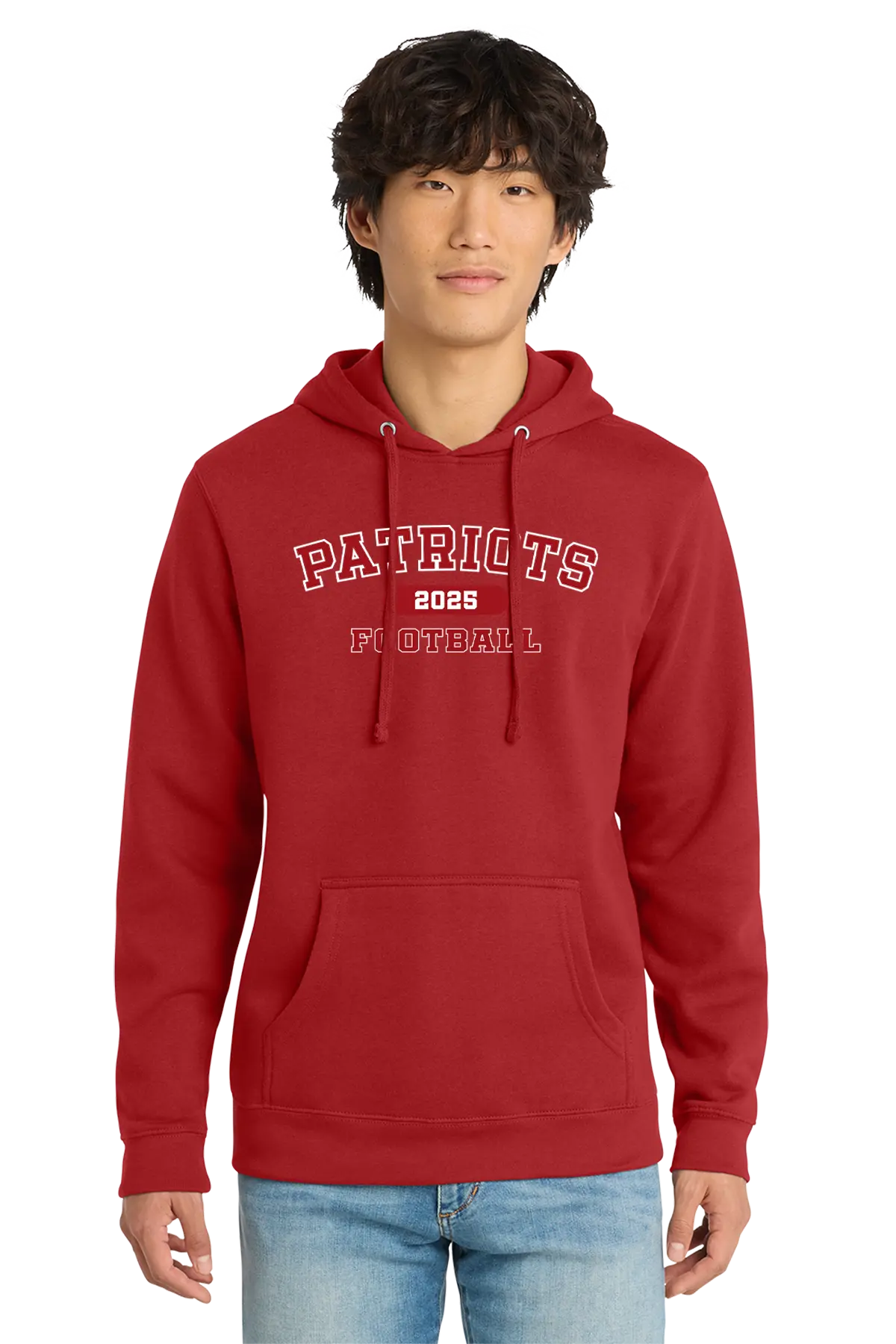 Person wearing a red hoodie with 'Patriots Football' text on a white background. Paper Street Print Co, Blairstown, NJ.