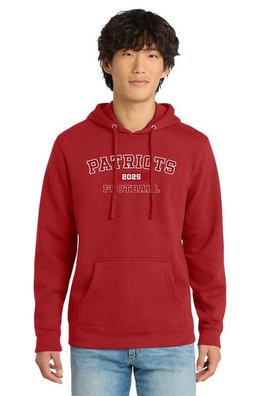 Person wearing a red hoodie with 'Patriots Football' text on a white background. Paper Street Print Co, Blairstown, NJ.