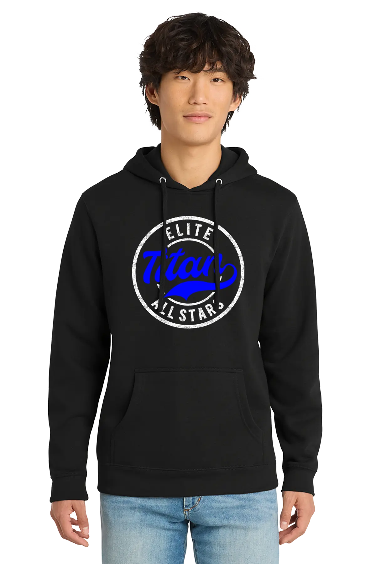 Person wearing a black hoodie with 'Elite Titans All Stars' logo on a white background. Paper Street Print Co, Blairstown, NJ.