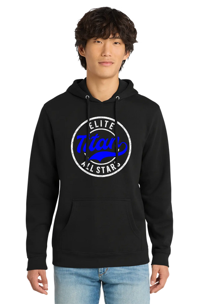 Person wearing a black hoodie with 'Elite Titans All Stars' logo on a white background. Paper Street Print Co, Blairstown, NJ.