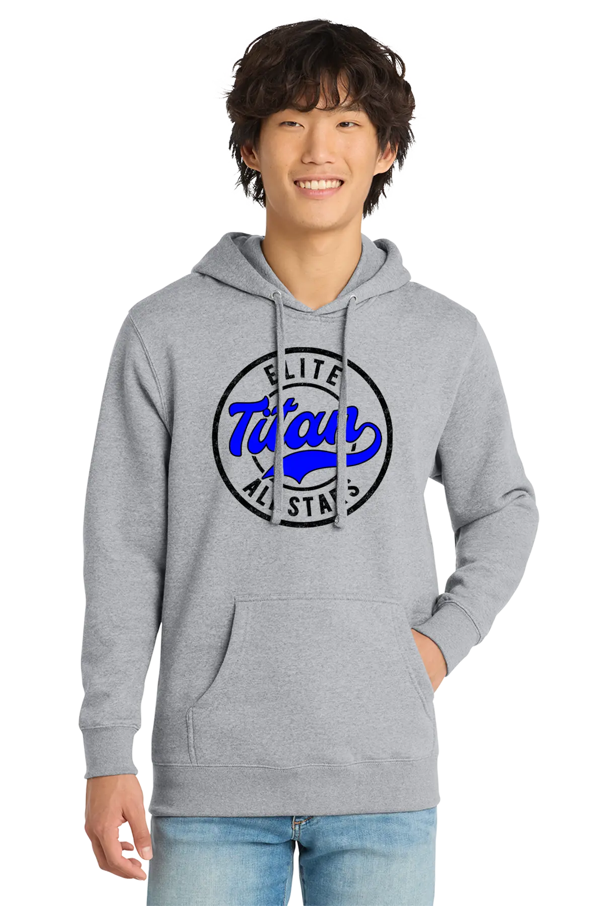 Person wearing a gray hoodie with a logo on a white background. Paper Street Print Co, Blairstown, NJ.