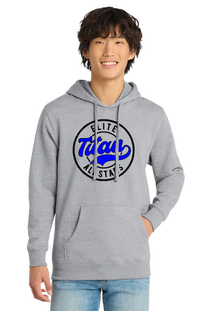 Person wearing a gray hoodie with a logo on a white background. Paper Street Print Co, Blairstown, NJ.