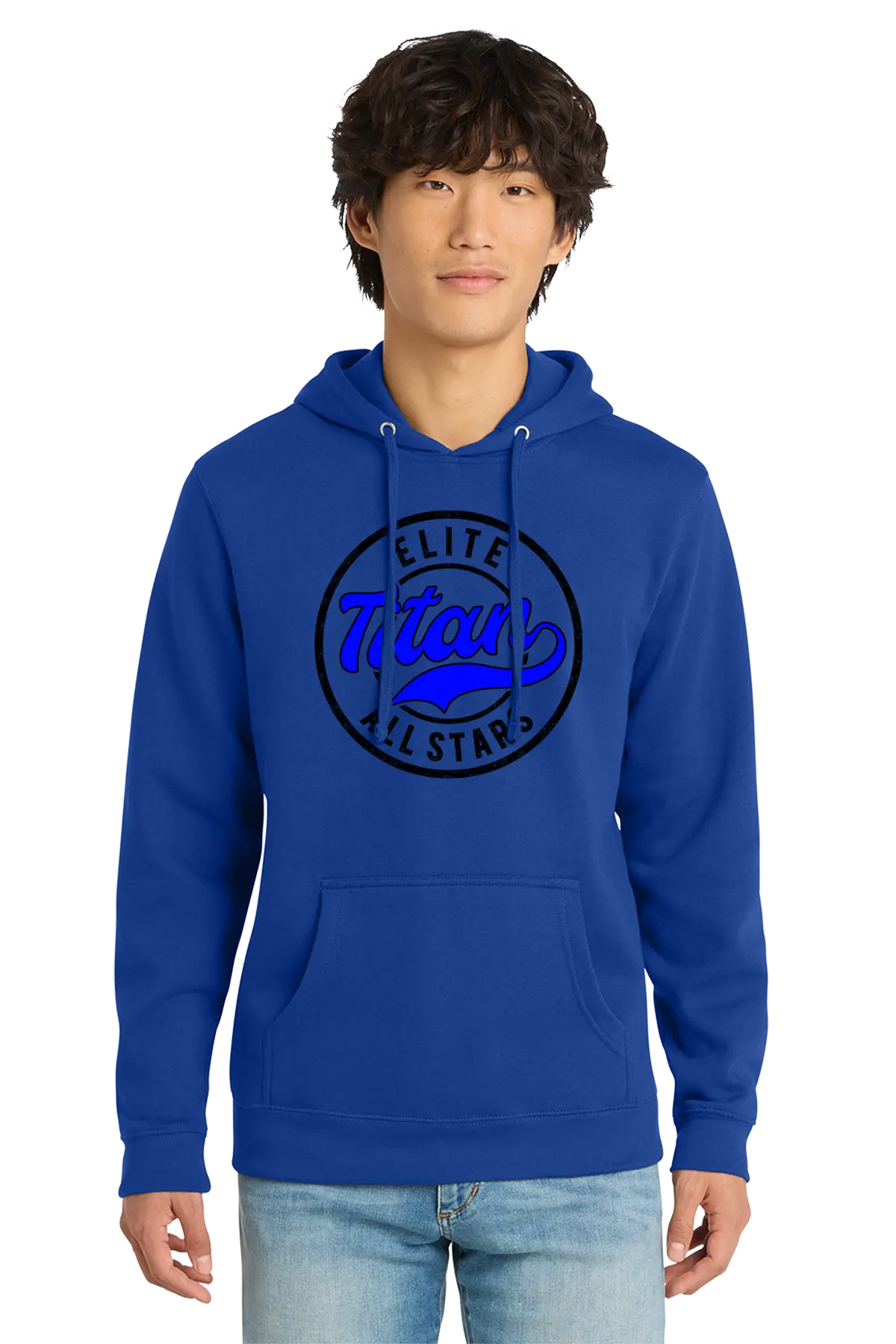 Person wearing a blue hoodie with 'Elite Titan All-Stars' logo on a white background. Paper Street Print Co, Blairstown, NJ.