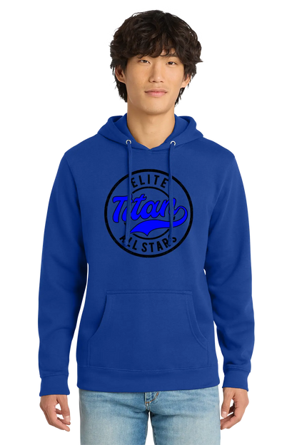 Person wearing a blue hoodie with 'Elite Titan All-Stars' logo on a white background. Paper Street Print Co, Blairstown, NJ.