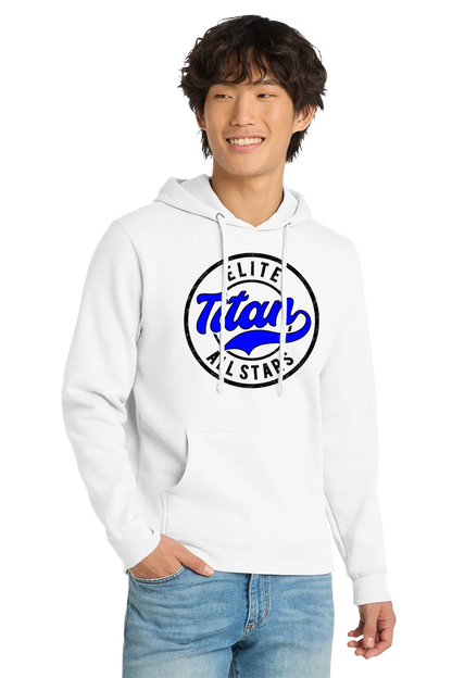 Person wearing a white hoodie with a logo and text on a white background. Paper Street Print Co, Blairstown, NJ.