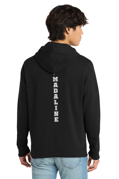 Person wearing a black hoodie with 'MADALINE' printed vertically on the back against a white background. Paper Street Print Co, Blairstown, NJ.
