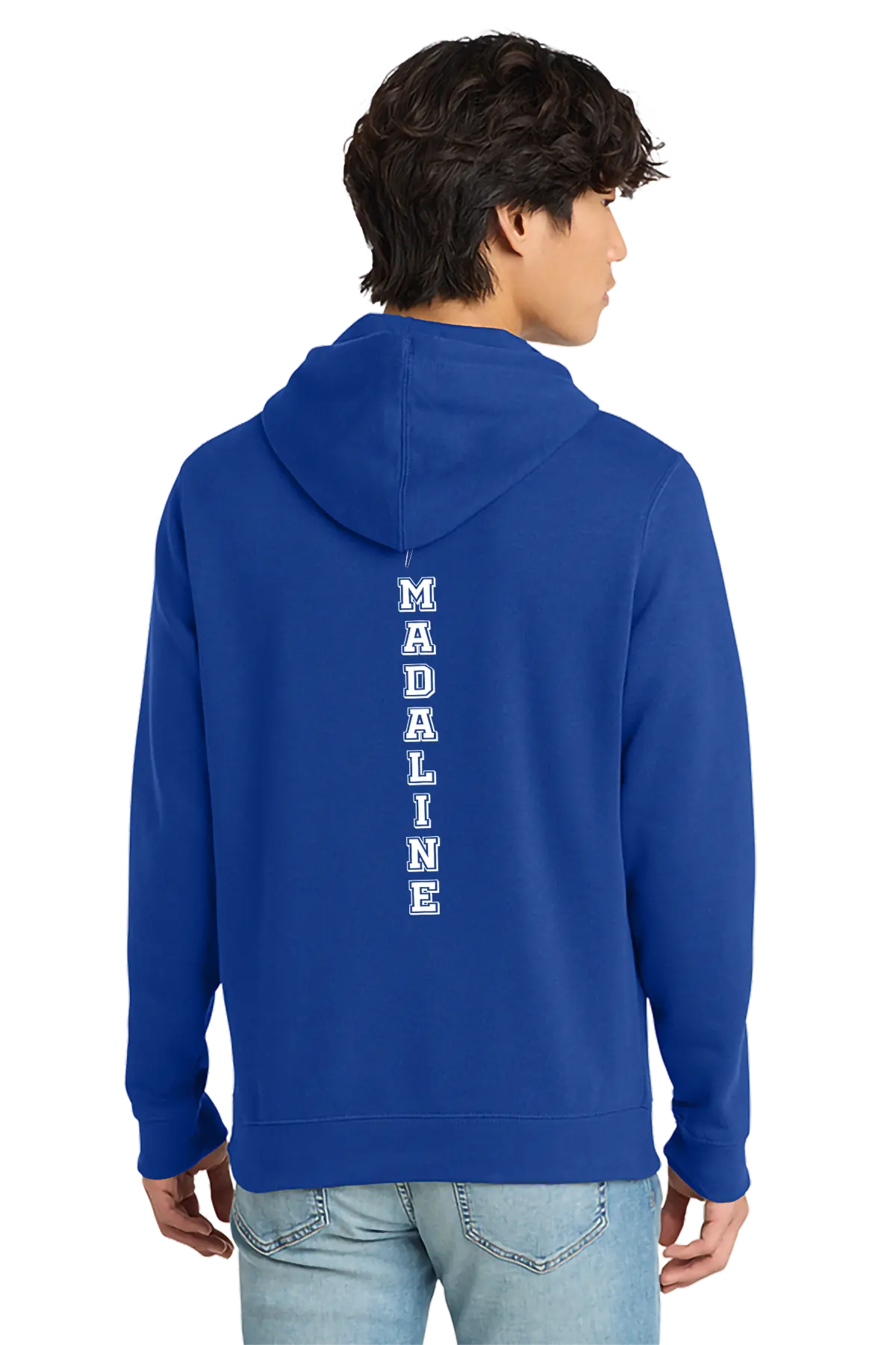 Person wearing a blue hoodie with 'MADALINE' printed on the back, on a white background. Paper Street Print Co, Blairstown, NJ.