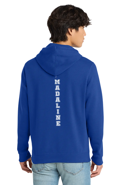Person wearing a blue hoodie with 'MADALINE' printed on the back, on a white background. Paper Street Print Co, Blairstown, NJ.