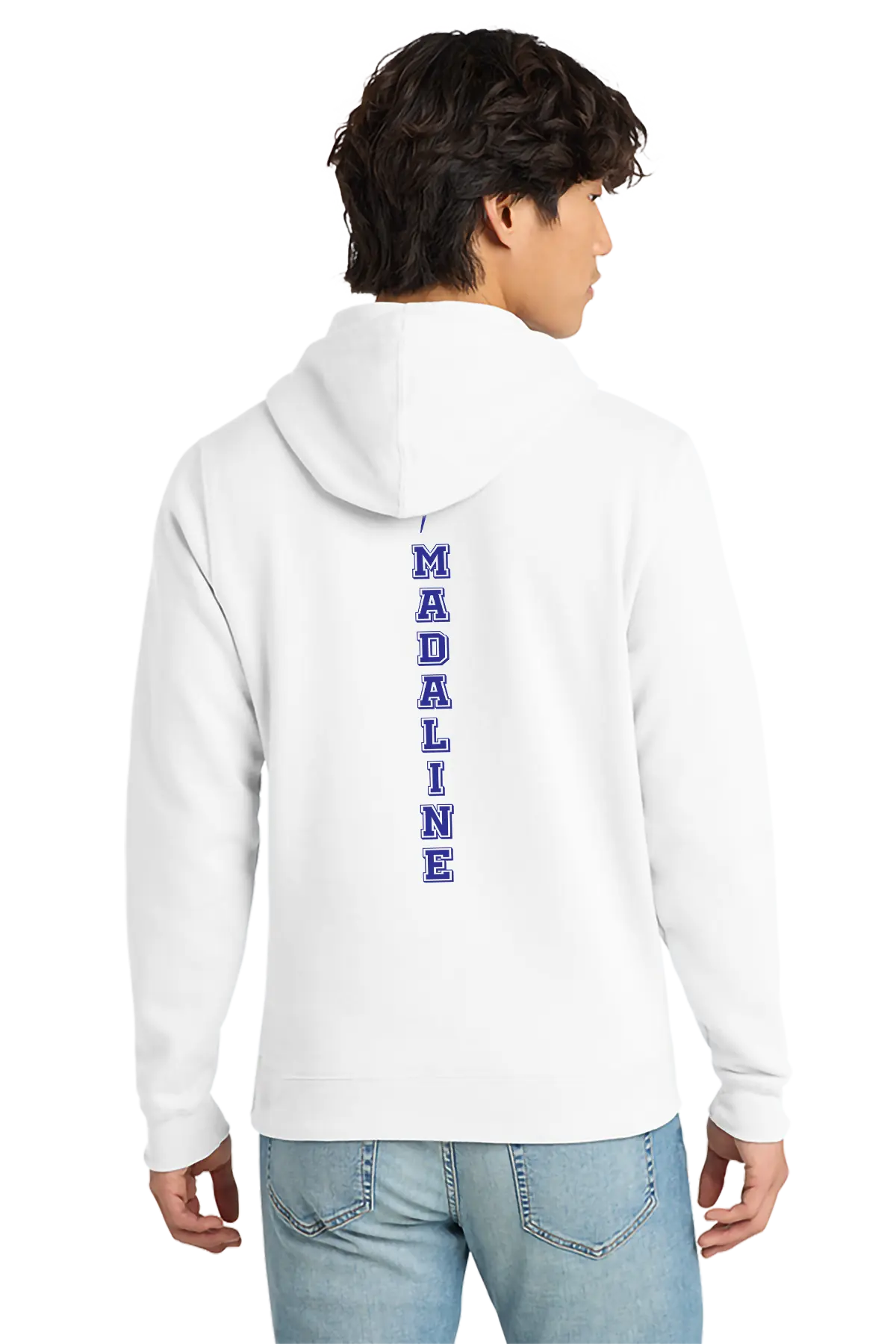 Person wearing a white hoodie with 'MADALINE' printed on the back, standing against a white background. Paper Street Print Co, Blairstown, NJ.