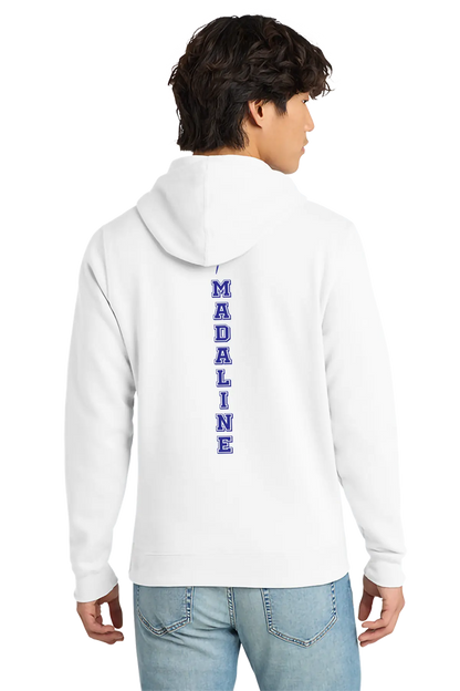 Person wearing a white hoodie with 'MADALINE' printed on the back, standing against a white background. Paper Street Print Co, Blairstown, NJ.