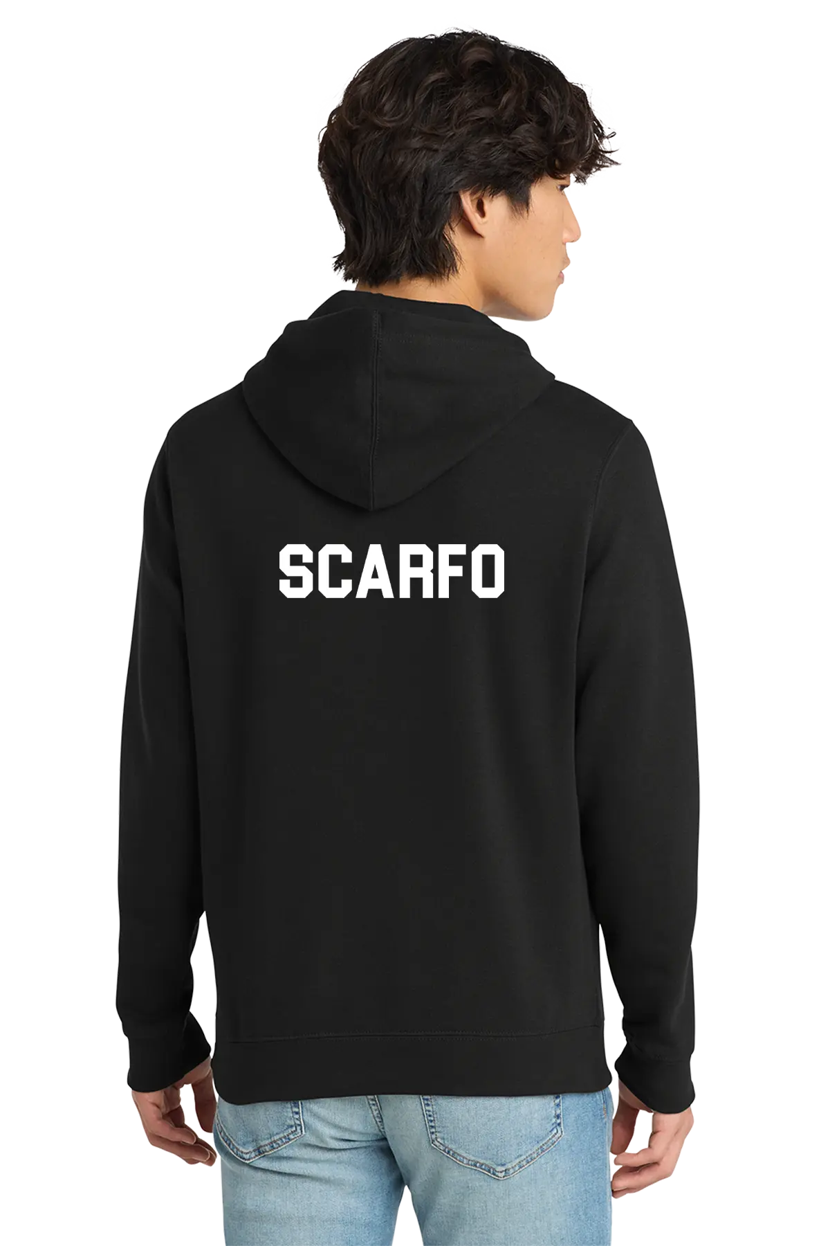 Person wearing a black hoodie with 'SCARFO' printed on the back against a white background. Paper Street Print Co, Blairstown, NJ.