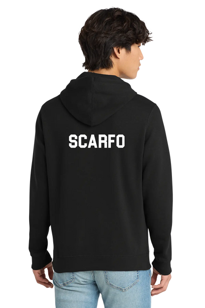 Person wearing a black hoodie with 'SCARFO' printed on the back against a white background. Paper Street Print Co, Blairstown, NJ.