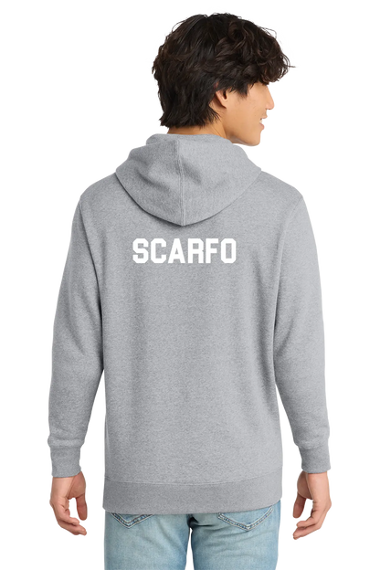 Person wearing a gray hoodie with 'SCARFO' printed on the back against a white background. Paper Street Print Co, Blairstown, NJ.