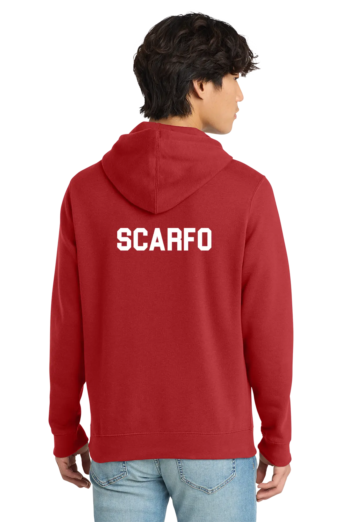 Person wearing a red hoodie with 'SCARFO' printed on the back, standing against a white background. Paper Street Print Co, Blairstown, NJ.