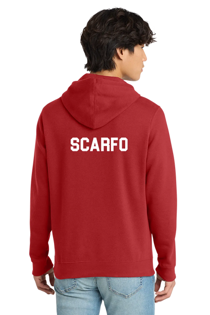 Person wearing a red hoodie with 'SCARFO' printed on the back, standing against a white background. Paper Street Print Co, Blairstown, NJ.