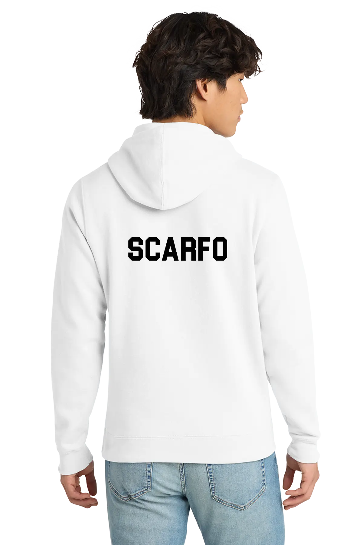 Person wearing a white hoodie with 'SCARFO' printed on the back, standing against a white background. Paper Street Print Co, Blairstown, NJ.
