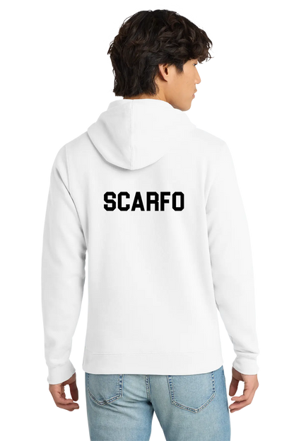 Person wearing a white hoodie with 'SCARFO' printed on the back, standing against a white background. Paper Street Print Co, Blairstown, NJ.