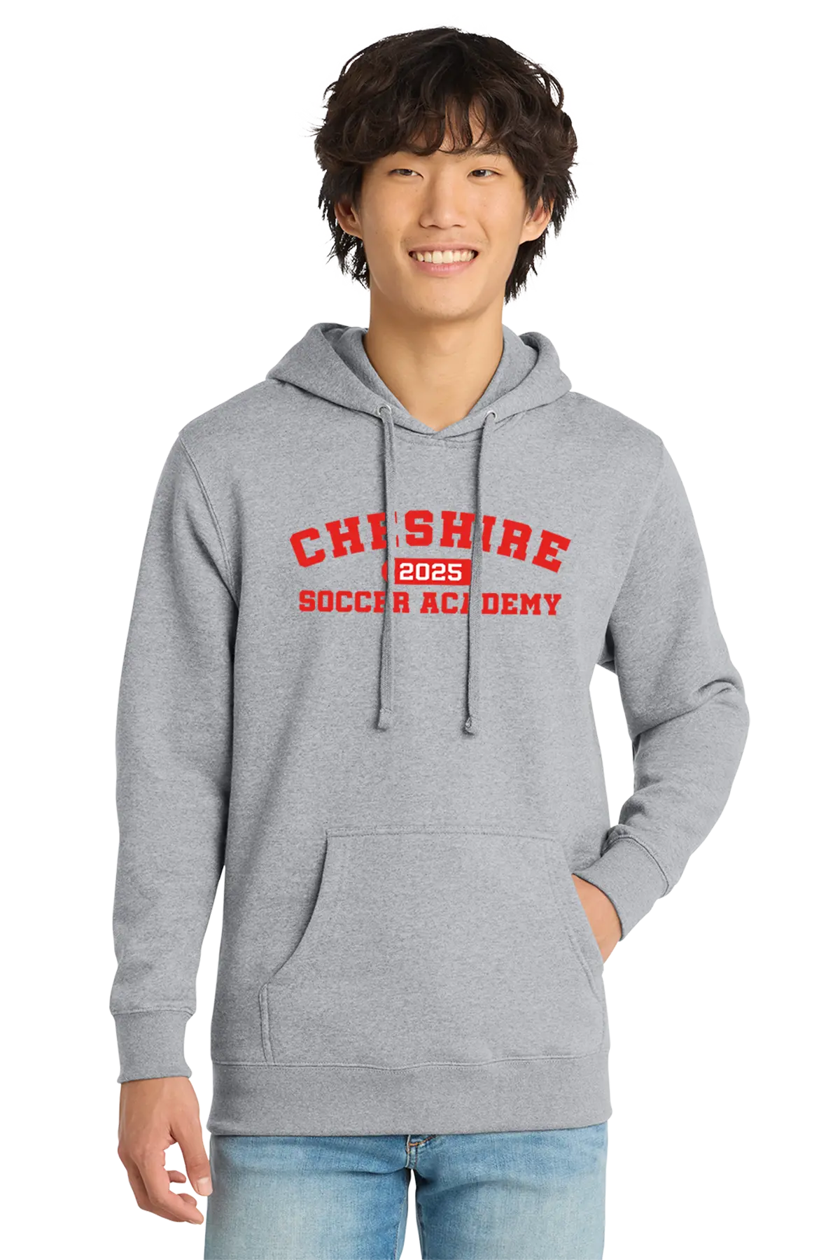 Person wearing a gray hoodie with 'Cheshire 2025 Soccer Academy' text on a white background. Paper Street Print Co, Blairstown, NJ.