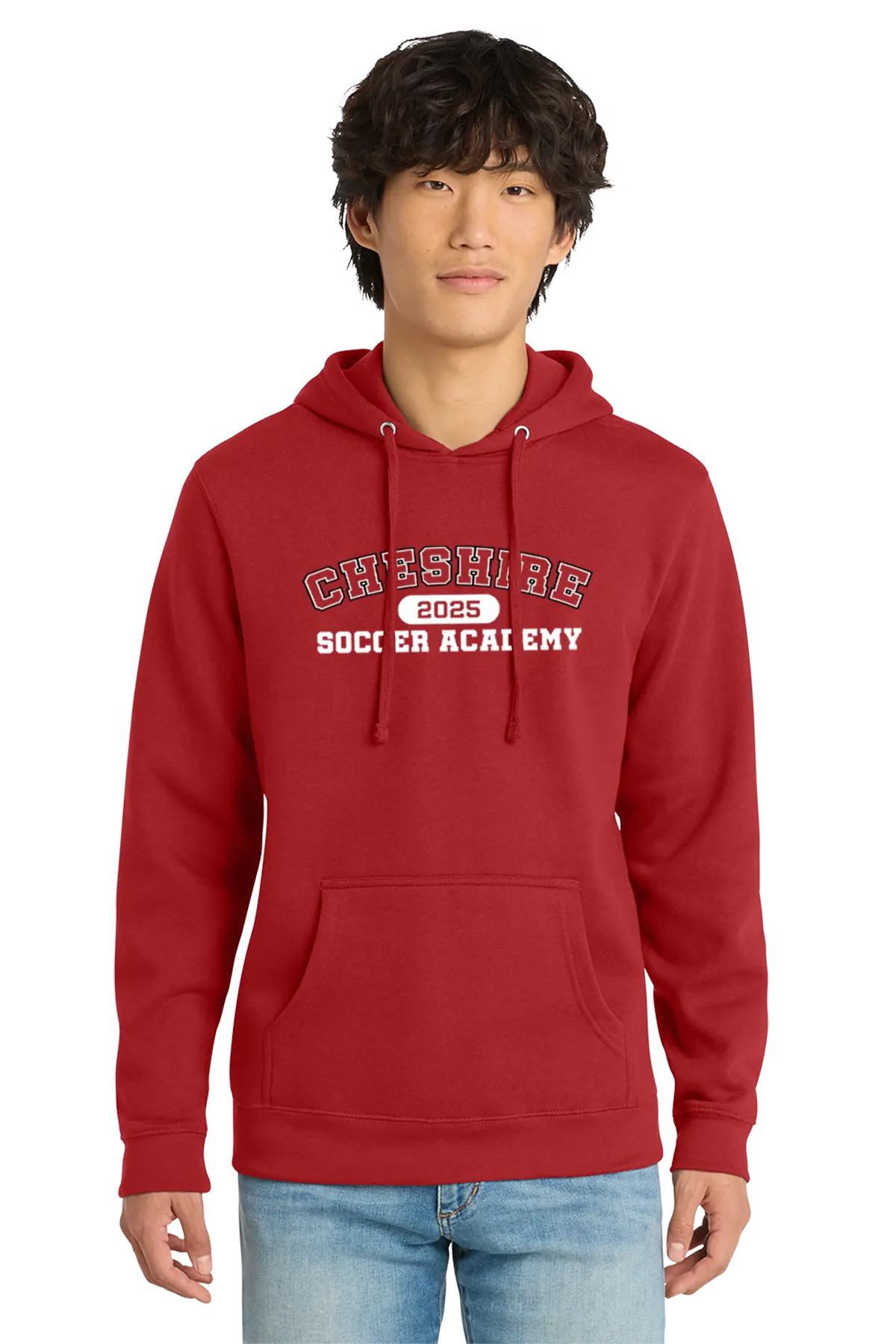 Person wearing a red hoodie with 'Cheshire Soccer Academy' text on a white background. Paper Street Print Co, Blairstown, NJ.