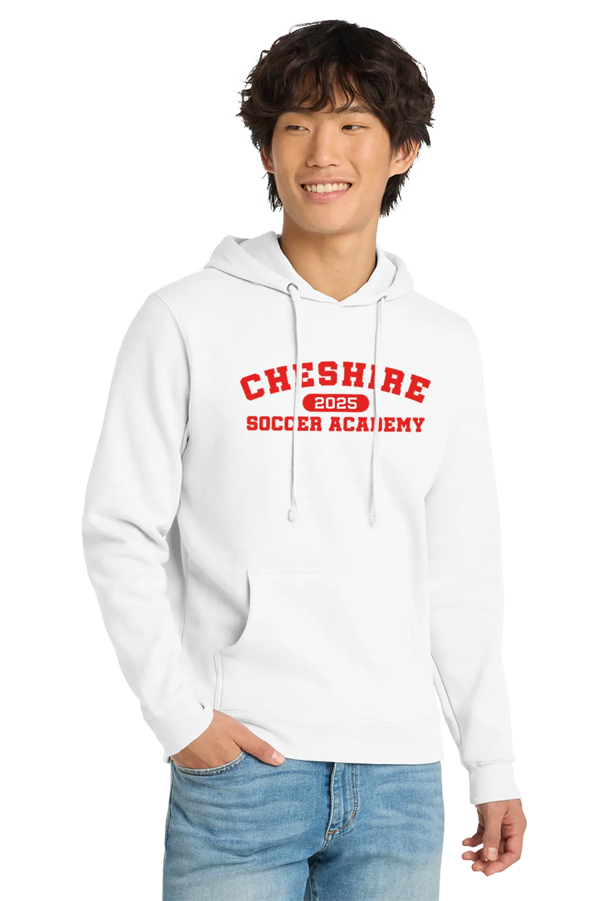 Person wearing a white hoodie with 'Cheshire Soccer Academy' text on a white background