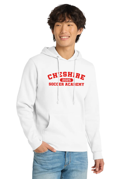 Person wearing a white hoodie with 'Cheshire Soccer Academy' text on a white background