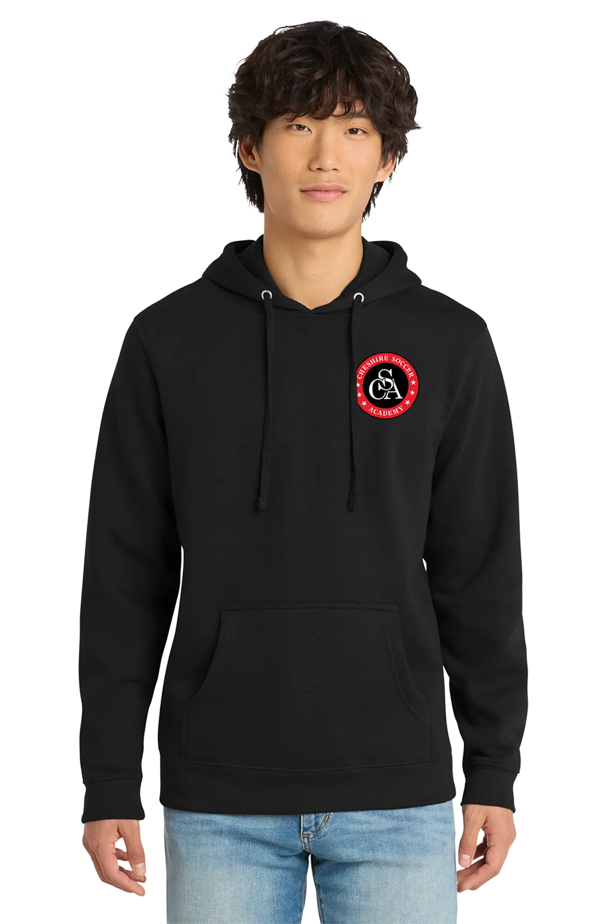 Person wearing a black hoodie with a logo on a white background. Paper Street Print Co, Blairstown, NJ.