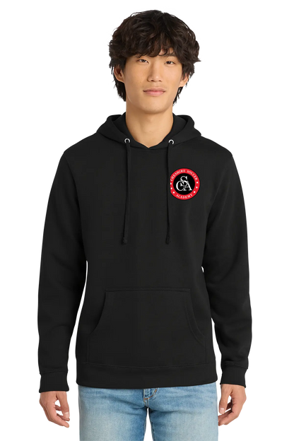 Person wearing a black hoodie with a logo on a white background. Paper Street Print Co, Blairstown, NJ.