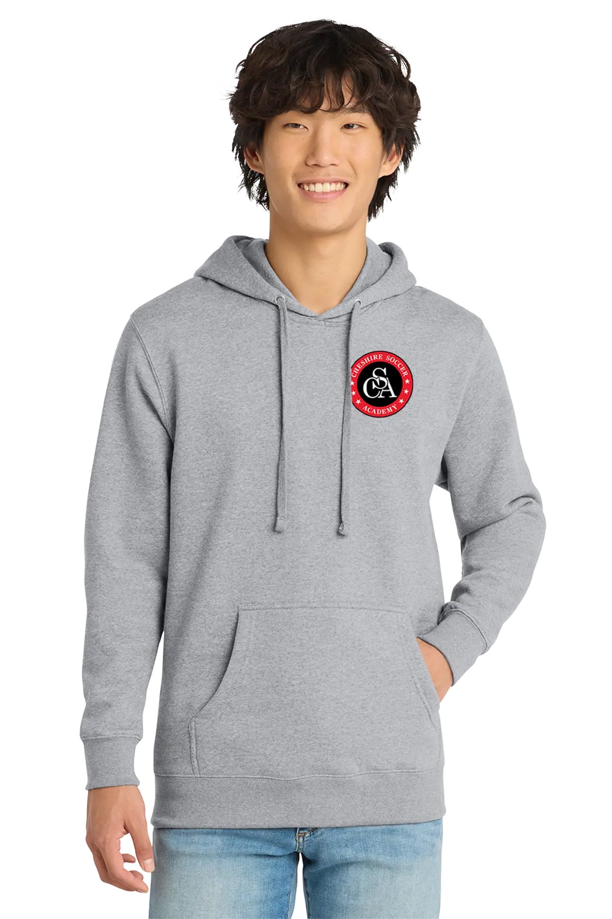 Person wearing a gray hoodie with a red and white logo on a white background. Paper Street Print Co, Blairstown, NJ.