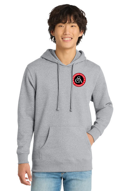 Person wearing a gray hoodie with a red and white logo on a white background. Paper Street Print Co, Blairstown, NJ.