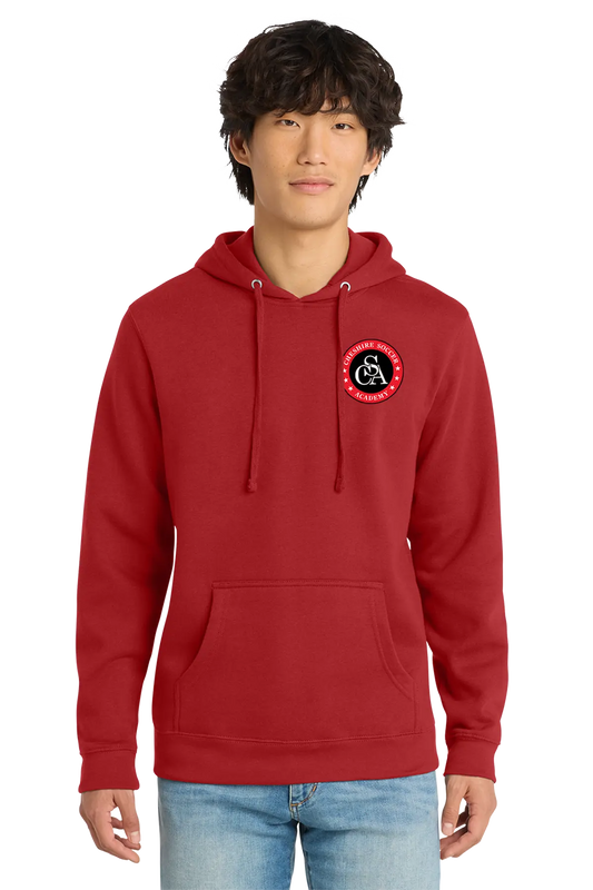 Person wearing a red hoodie with a logo on a white background. Paper Street Print Co, Blairstown, NJ.