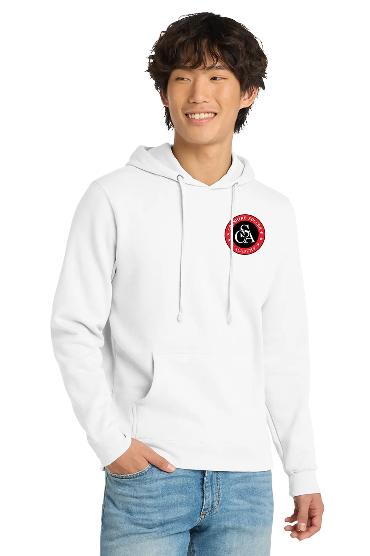 Person wearing a white hoodie with a red and black logo on a white background. Paper Street Print Co, Blairstown, NJ.