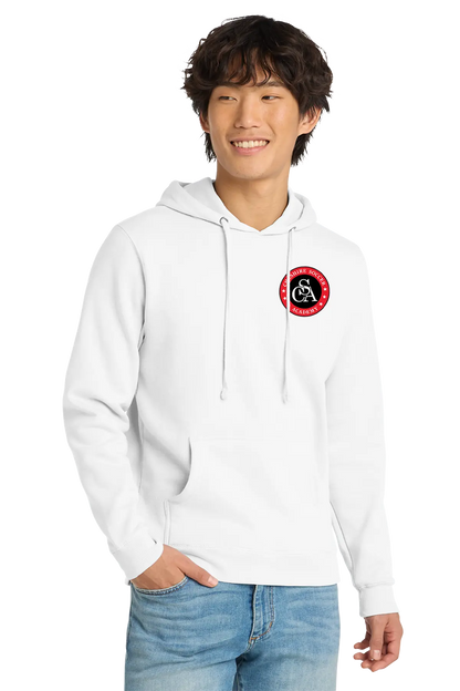 Person wearing a white hoodie with a red and black logo on a white background. Paper Street Print Co, Blairstown, NJ.