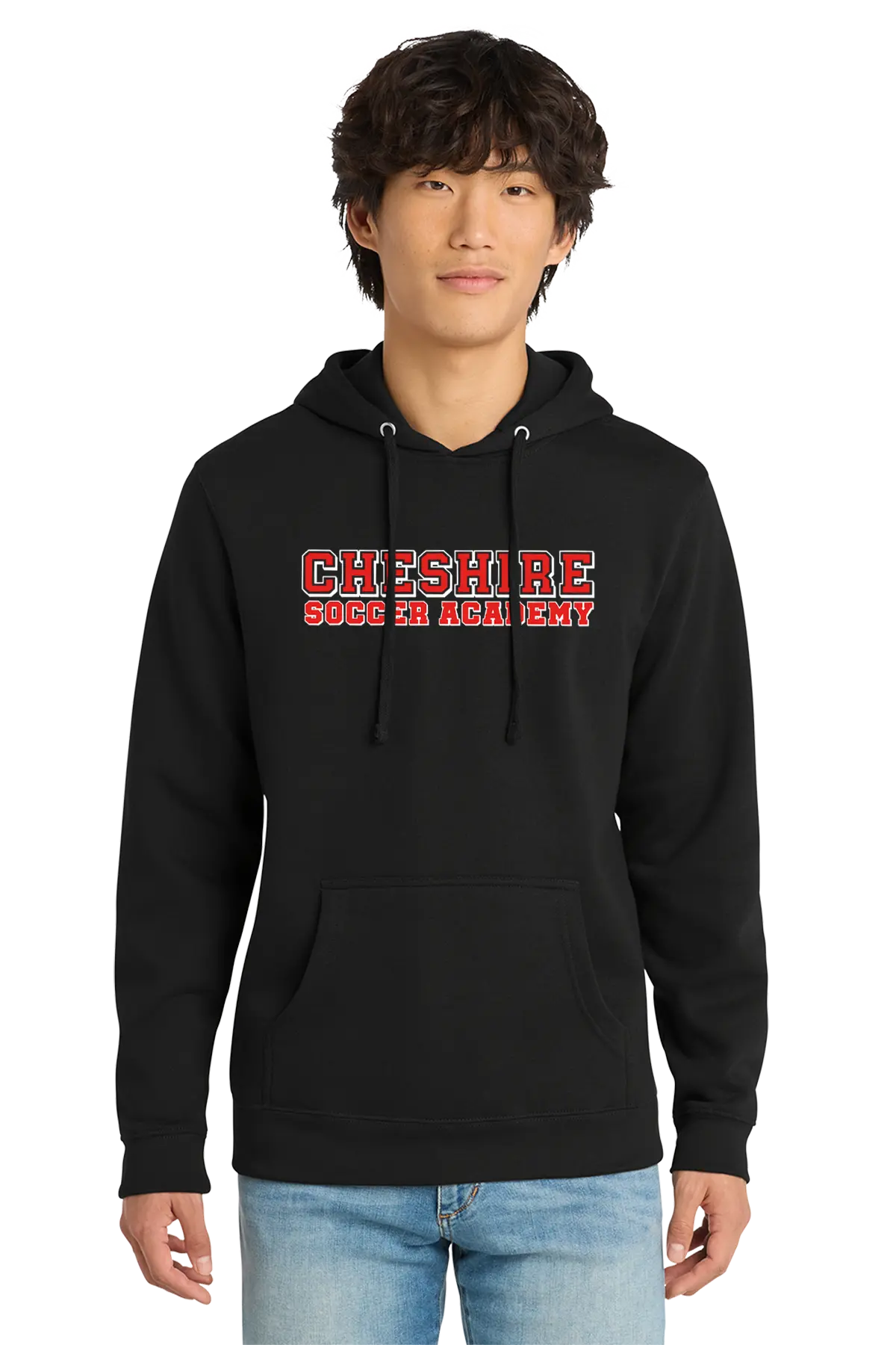 Person wearing a black hoodie with 'Cheshire Soccer Academy' text on a white background Paper Street Print Co, Blairstown, NJ.