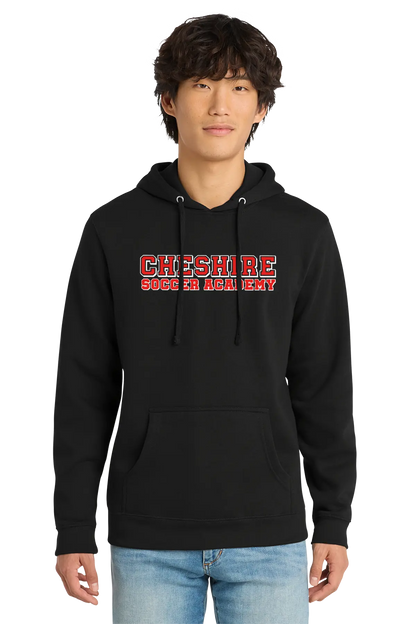 Person wearing a black hoodie with 'Cheshire Soccer Academy' text on a white background Paper Street Print Co, Blairstown, NJ.