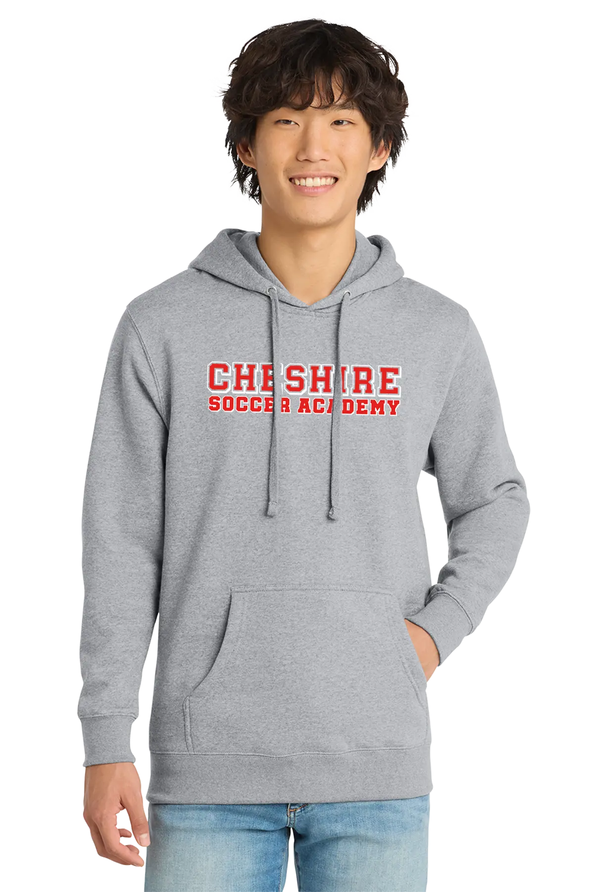 Person wearing a gray hoodie with 'Cheshire Soccer Academy' text on a white background. Paper Street Print Co, Blairstown, NJ.