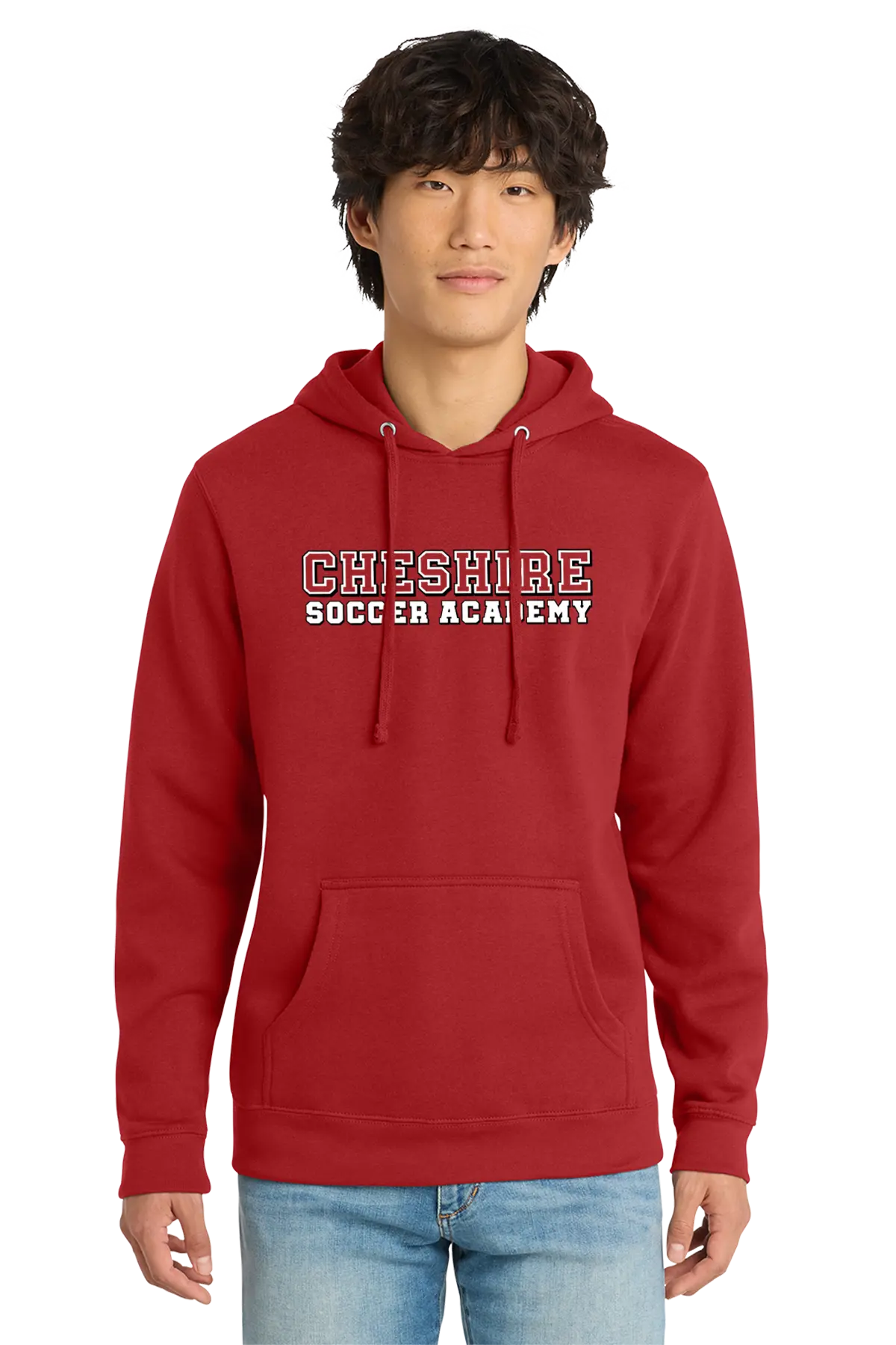 Person wearing a red hoodie with 'Cheshire Soccer Academy' text on a white background. Paper Street Print Co, Blairstown, NJ.
