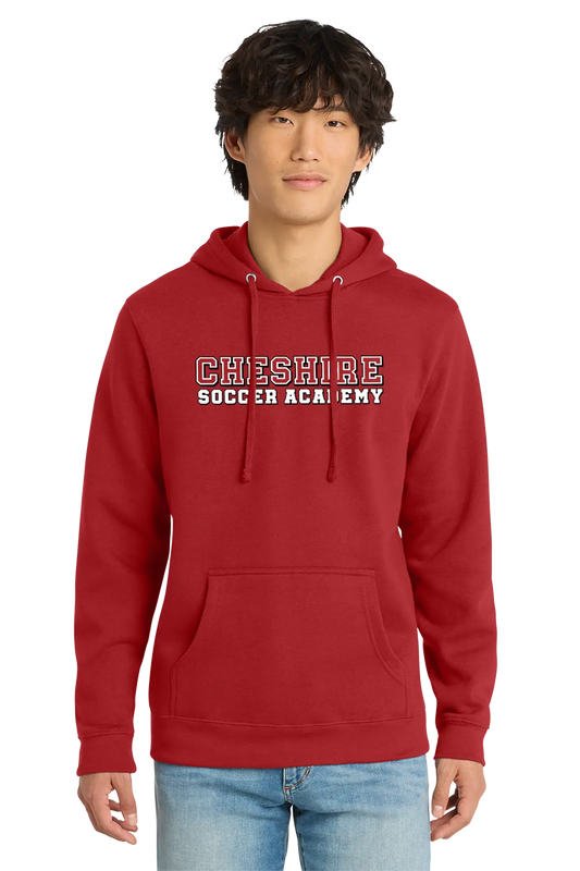 Person wearing a red hoodie with 'Cheshire Soccer Academy' text on a white background. Paper Street Print Co, Blairstown, NJ.