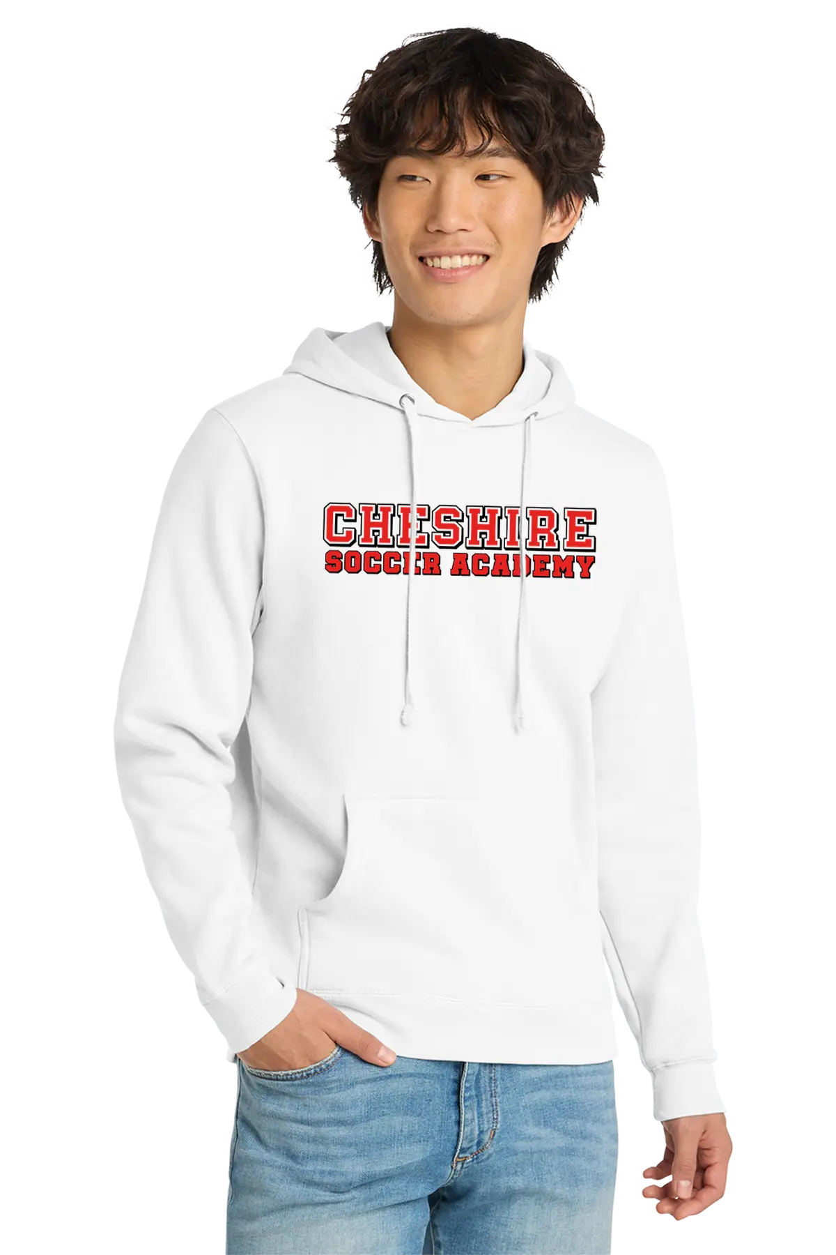 Person wearing a white hoodie with 'Cheshire Soccer Academy' text on a white background Paper Street Print Co, Blairstown, NJ.