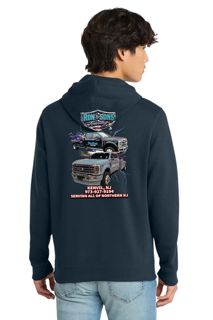 Person wearing a navy hoodie with graphics on the back, standing against a white background. Ron and Sons Towing, Paper Street Print Co, Blairstown, NJ.