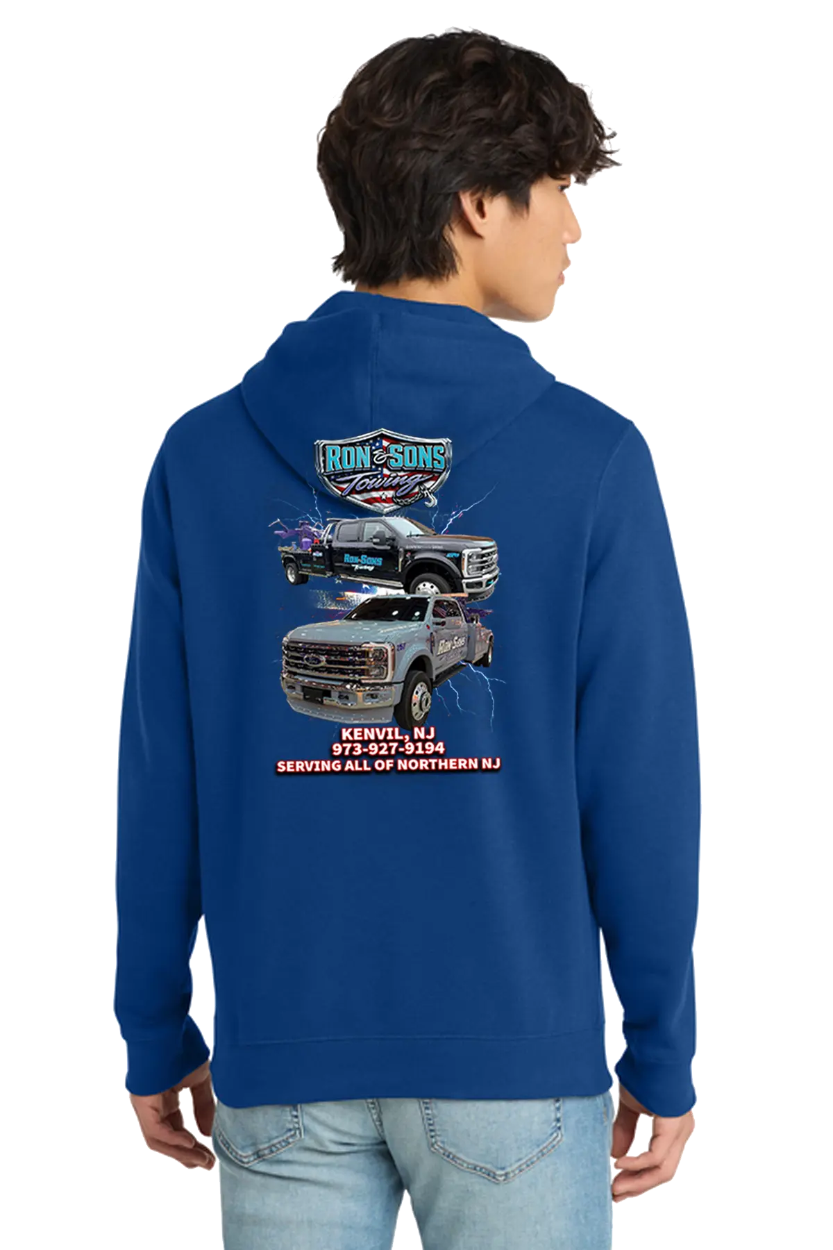 Person wearing a blue hoodie with graphics and text on the back. Ron and Sons Towing, Paper Street Print Co, Blairstown, NJ.