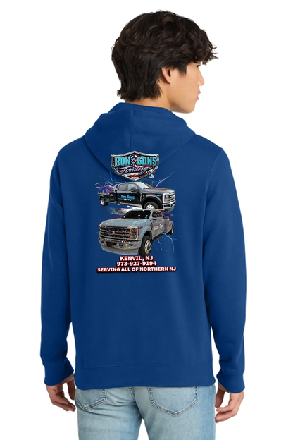Person wearing a blue hoodie with graphics and text on the back. Ron and Sons Towing, Paper Street Print Co, Blairstown, NJ.