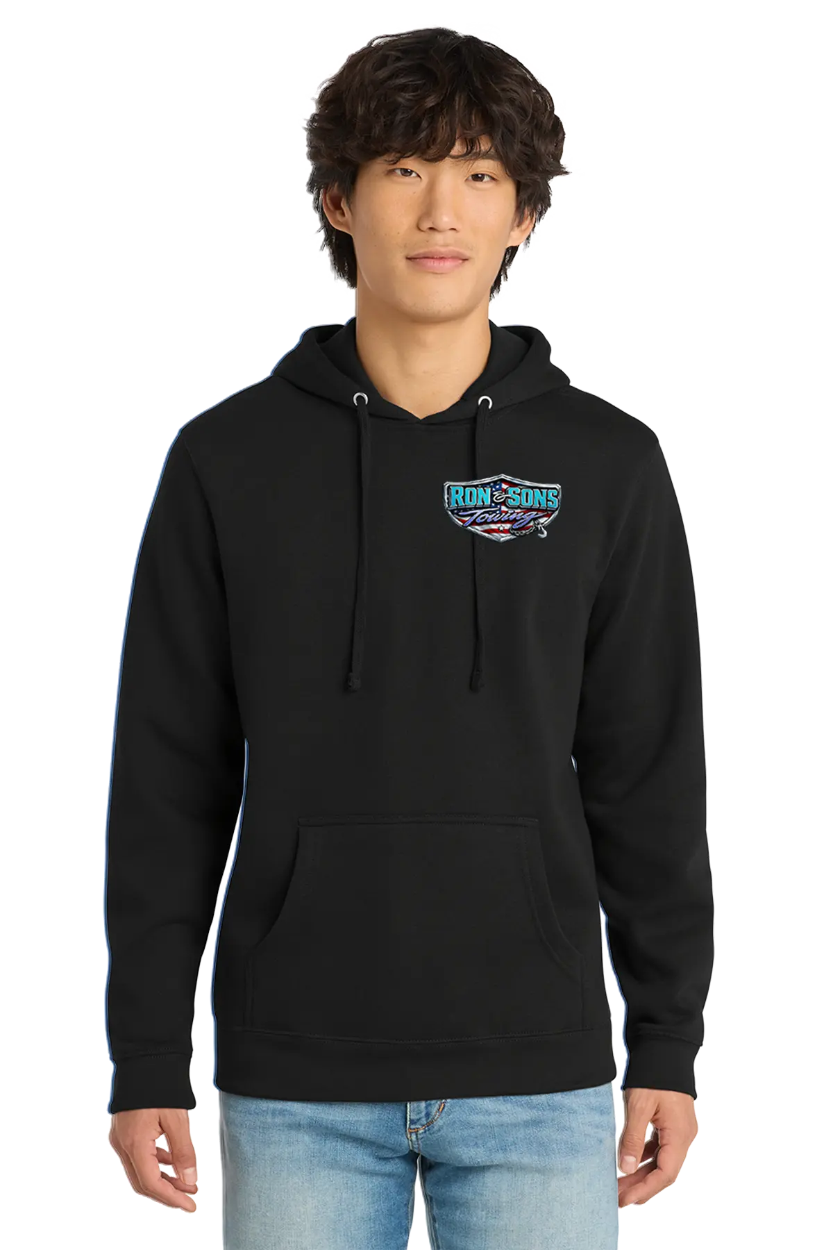 Person wearing a black hoodie with a logo on a white background. Ron and Sons Towing, Paper Street Print Co, Blairstown, NJ.