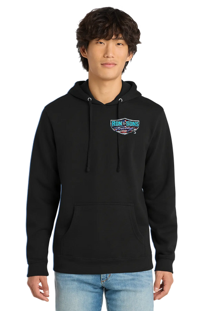 Person wearing a black hoodie with a logo on a white background. Ron and Sons Towing, Paper Street Print Co, Blairstown, NJ.